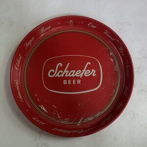 VINTAGE SCHAEFER BEER TRAY 13” RED METAL SERVING TRAY OLDEST LARGER BEER